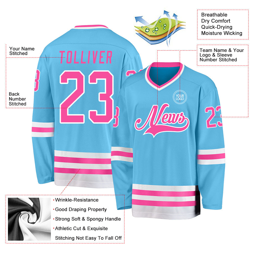 Custom Sky Blue Pink-White Hockey Jersey - Sky-Custom