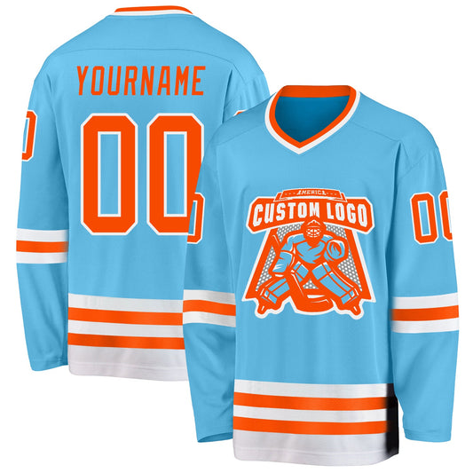 Custom Sky Blue Orange-White Hockey Jersey - Sky-Custom