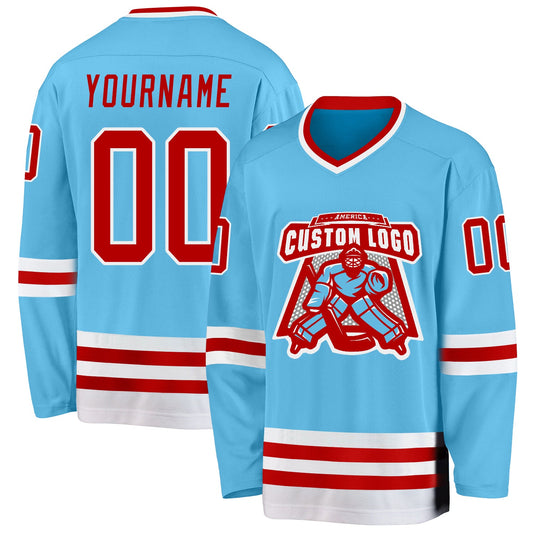 Custom Sky Blue Red-White Hockey Jersey - Sky-Custom