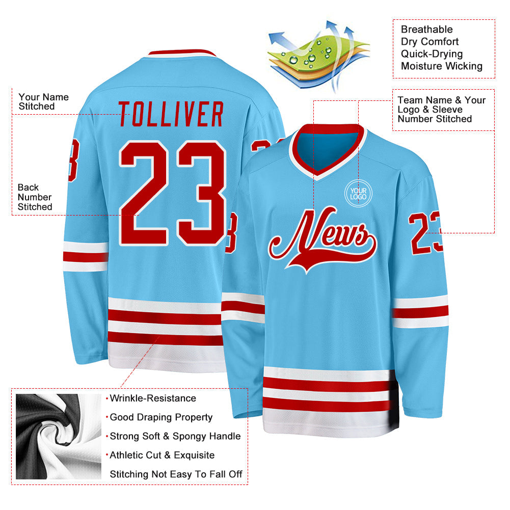 Custom Sky Blue Red-White Hockey Jersey - Sky-Custom