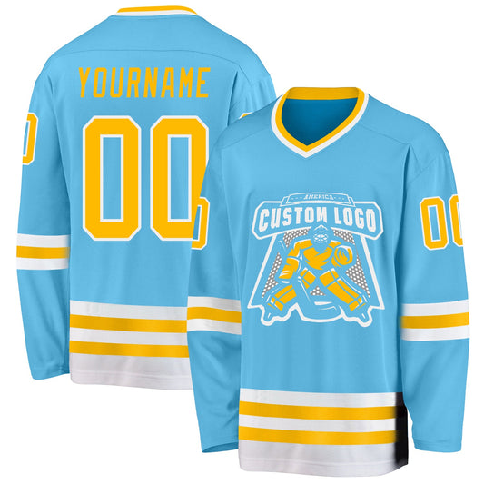Custom Sky Blue Gold-White Hockey Jersey - Sky-Custom