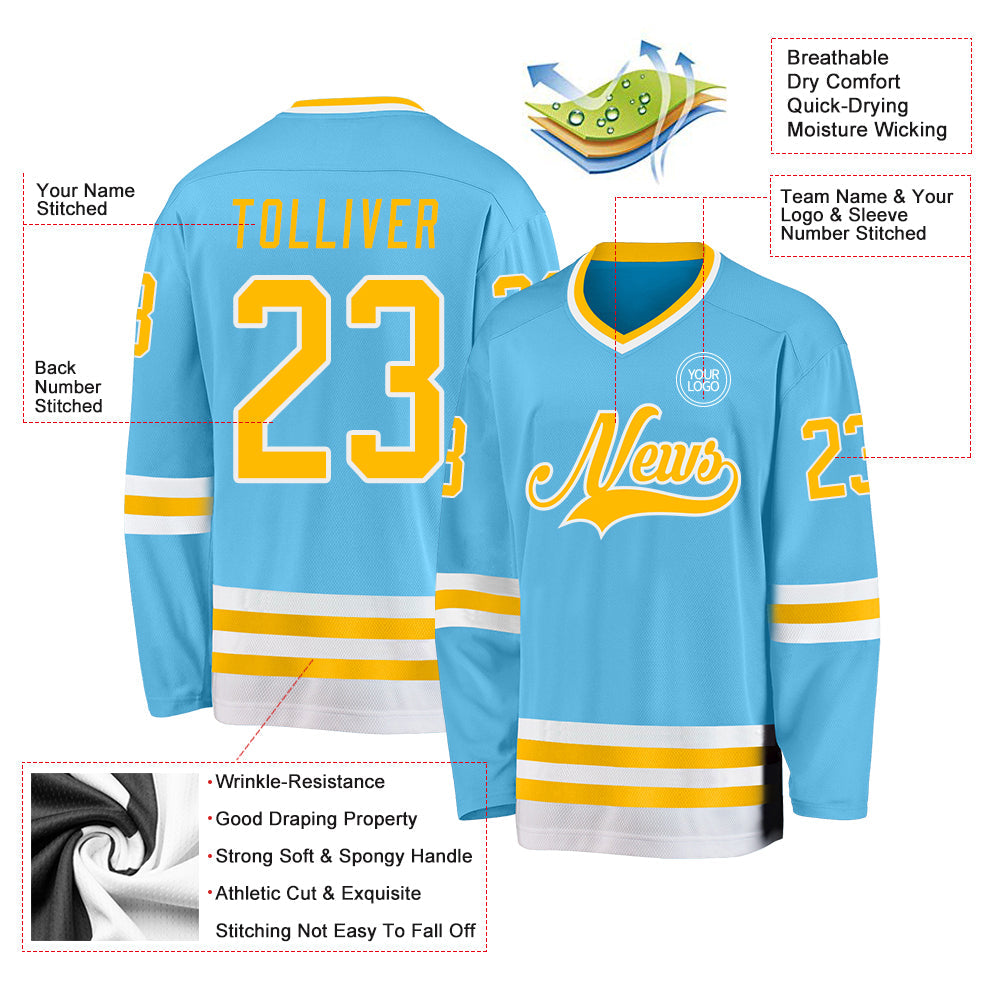 Custom Sky Blue Gold-White Hockey Jersey - Sky-Custom
