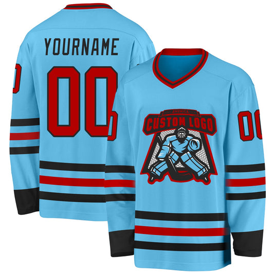 Custom Sky Blue Red-Black Hockey Jersey - Sky-Custom