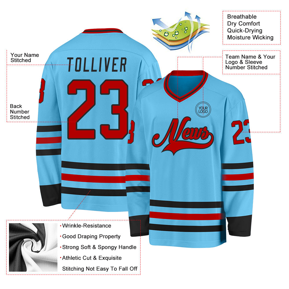 Custom Sky Blue Red-Black Hockey Jersey - Sky-Custom
