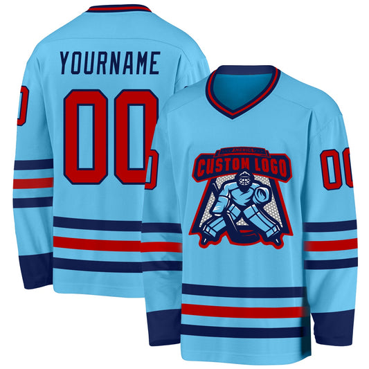 Custom Sky Blue Red-Navy Hockey Jersey - Sky-Custom