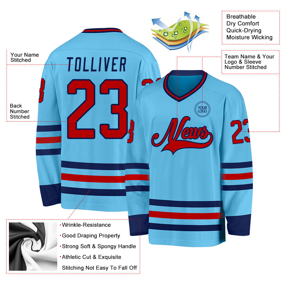 Custom Sky Blue Red-Navy Hockey Jersey - Sky-Custom