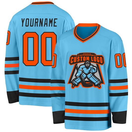 Custom Sky Blue Orange-Black Hockey Jersey - Sky-Custom