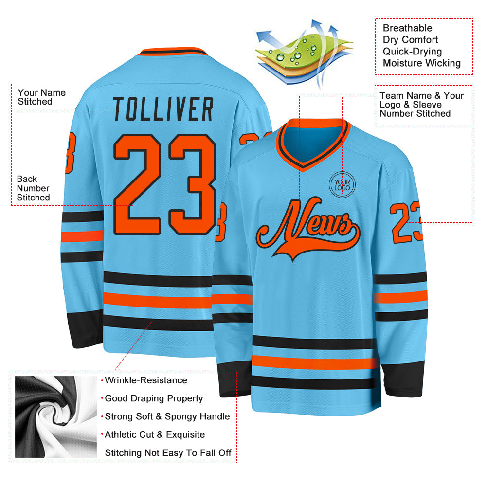 Custom Sky Blue Orange-Black Hockey Jersey - Sky-Custom