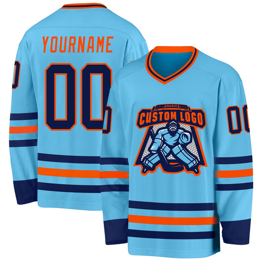 Custom Sky Blue Navy-Orange Hockey Jersey - Sky-Custom