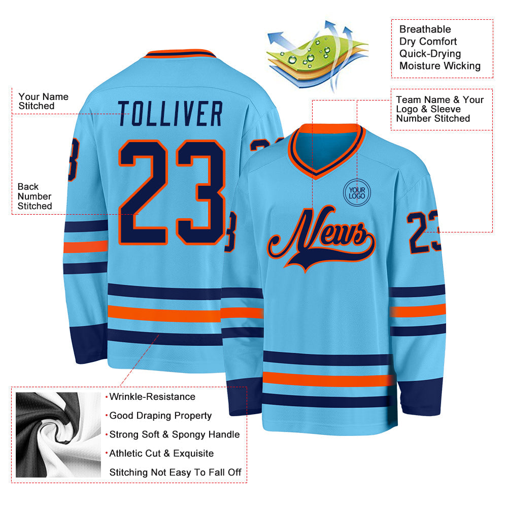 Custom Sky Blue Navy-Orange Hockey Jersey - Sky-Custom