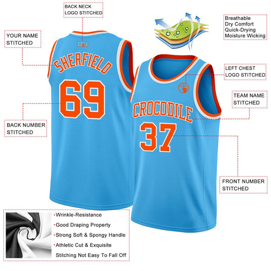 Custom Sky Blue Orange-White Authentic Basketball Jersey - Sky-Custom