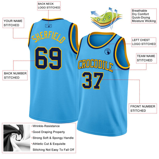 Custom Sky Blue Navy-Gold Authentic Basketball Jersey - Sky-Custom