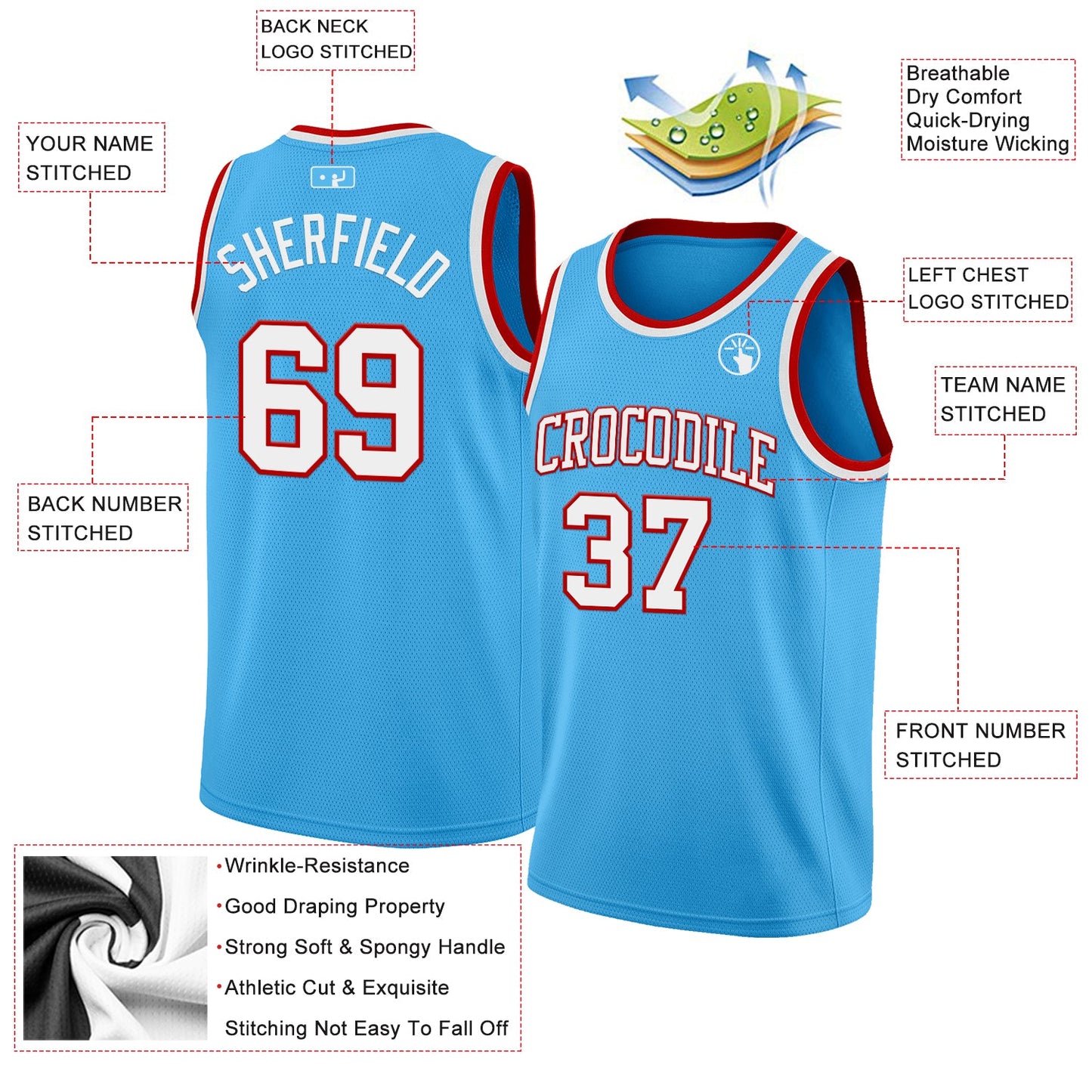 Custom Sky Blue White-Red Authentic Basketball Jersey - Sky-Custom