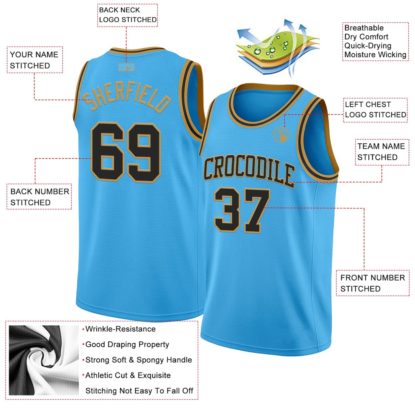 Custom Sky Blue Black-Old Gold Authentic Basketball Jersey - Sky-Custom