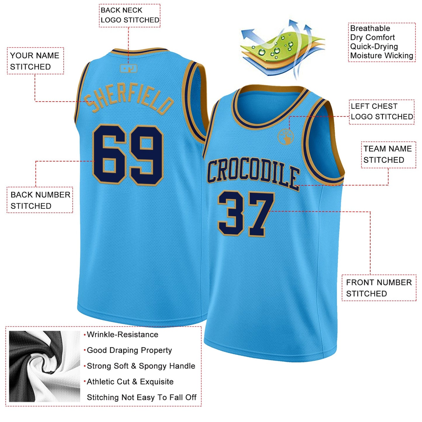 Custom Sky Blue Navy-Old Gold Authentic Basketball Jersey - Sky-Custom