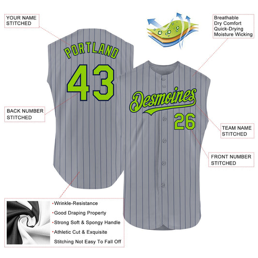 Custom Gray Navy Pinstripe Neon Green Authentic Sleeveless Baseball Jersey - Sky-Custom