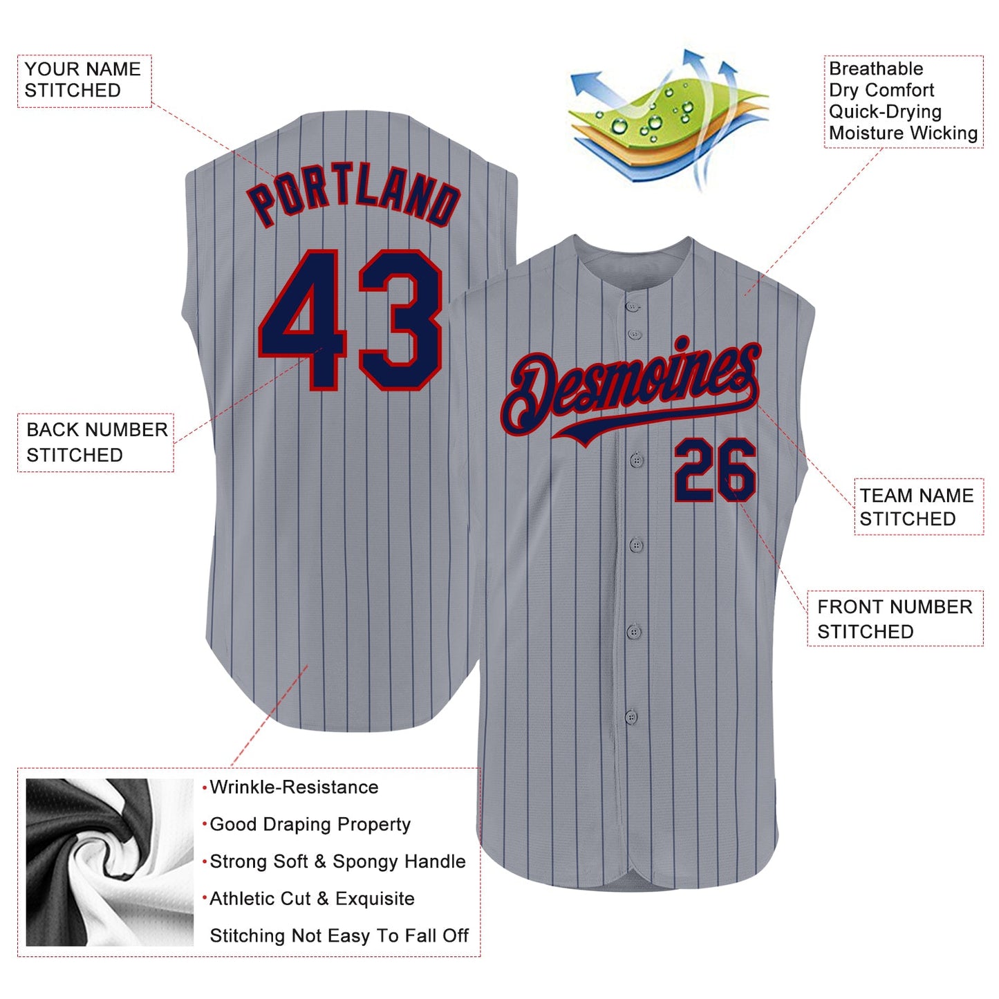 Custom Gray Navy Pinstripe Red Authentic Sleeveless Baseball Jersey - Sky-Custom