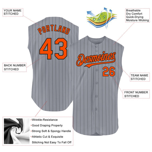 Custom Gray Black Pinstripe Orange Authentic Sleeveless Baseball Jersey - Sky-Custom