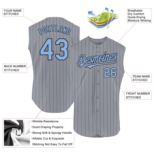 Custom Gray Black Pinstripe Light Blue Authentic Sleeveless Baseball Jersey - Sky-Custom