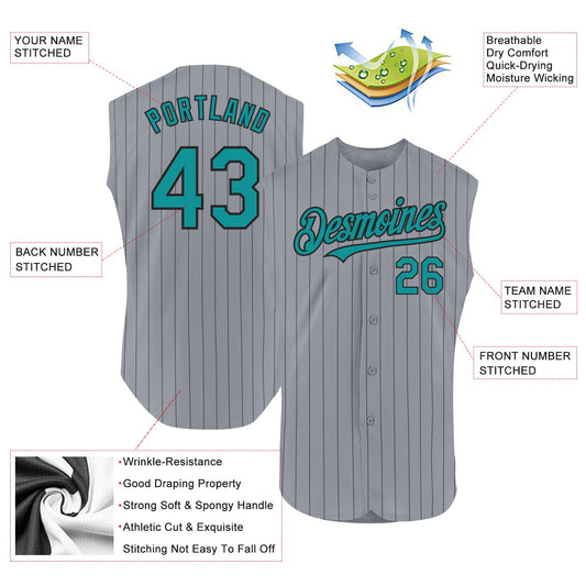Custom Gray Black Pinstripe Teal Authentic Sleeveless Baseball Jersey - Sky-Custom