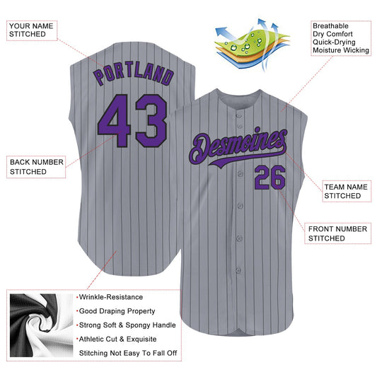 Custom Gray Black Pinstripe Purple Authentic Sleeveless Baseball Jersey - Sky-Custom