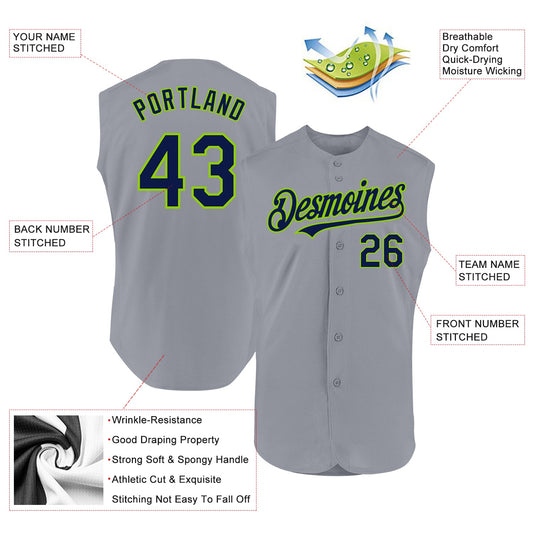 Custom Gray Navy-Neon Green Authentic Sleeveless Baseball Jersey - Sky-Custom