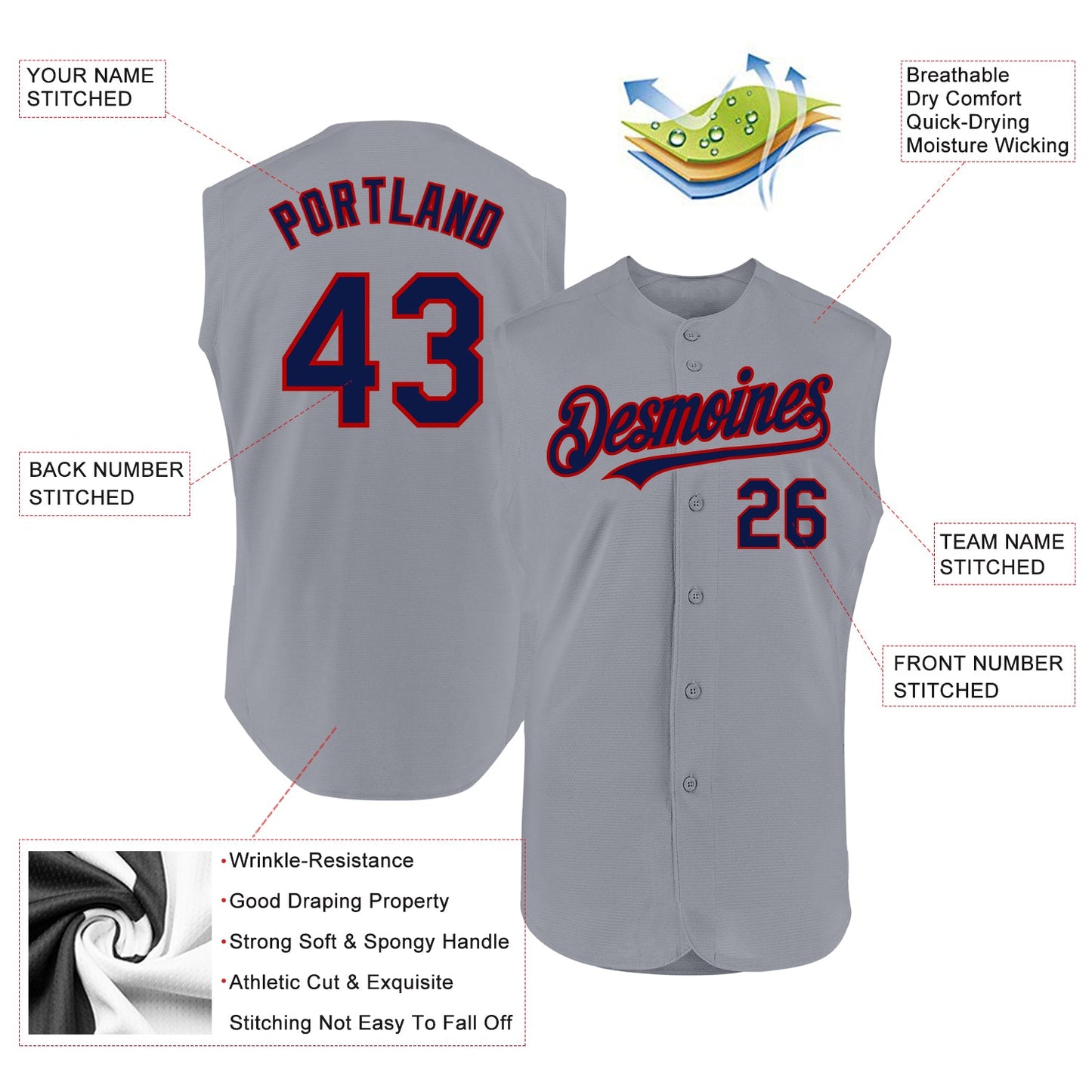 Custom Gray Navy-Red Authentic Sleeveless Baseball Jersey - Sky-Custom