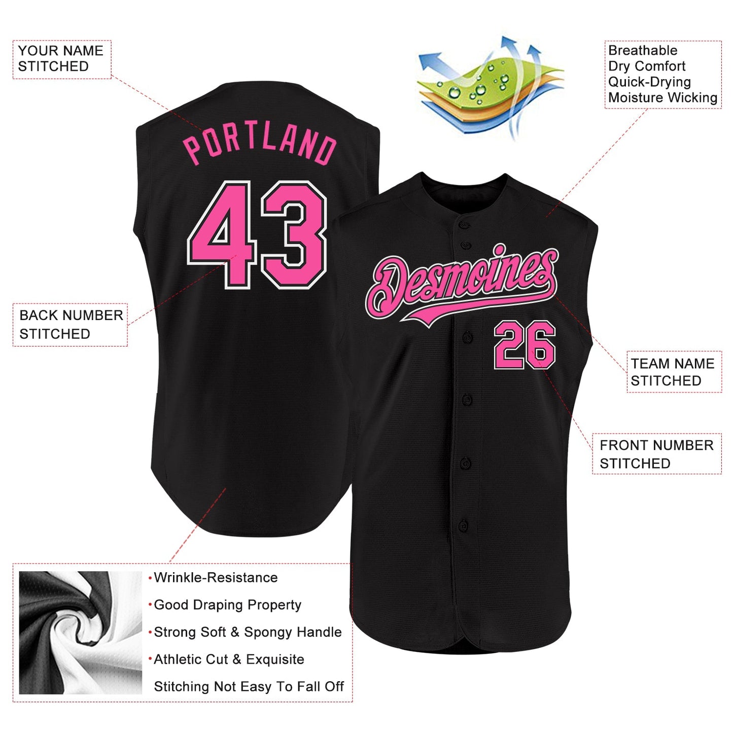Custom Black Pink-White Authentic Sleeveless Baseball Jersey - Sky-Custom