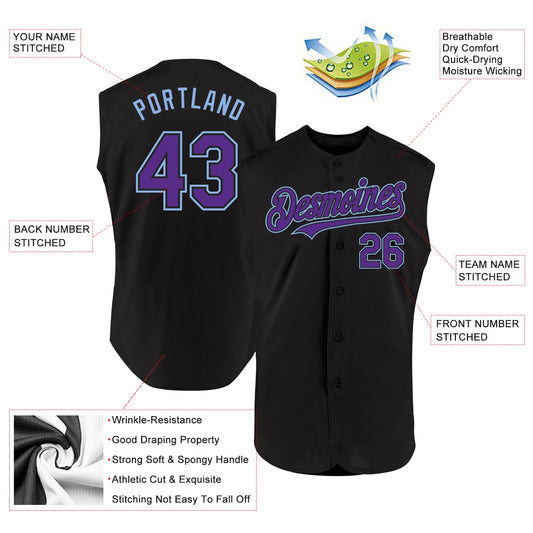 Custom Black Purple-Light Blue Authentic Sleeveless Baseball Jersey - Sky-Custom