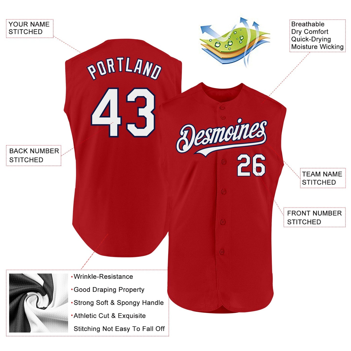 Custom Red White-Navy Authentic Sleeveless Baseball Jersey - Sky-Custom