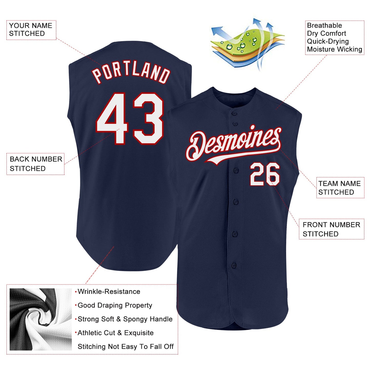 Custom Navy White-Red Authentic Sleeveless Baseball Jersey - Sky-Custom
