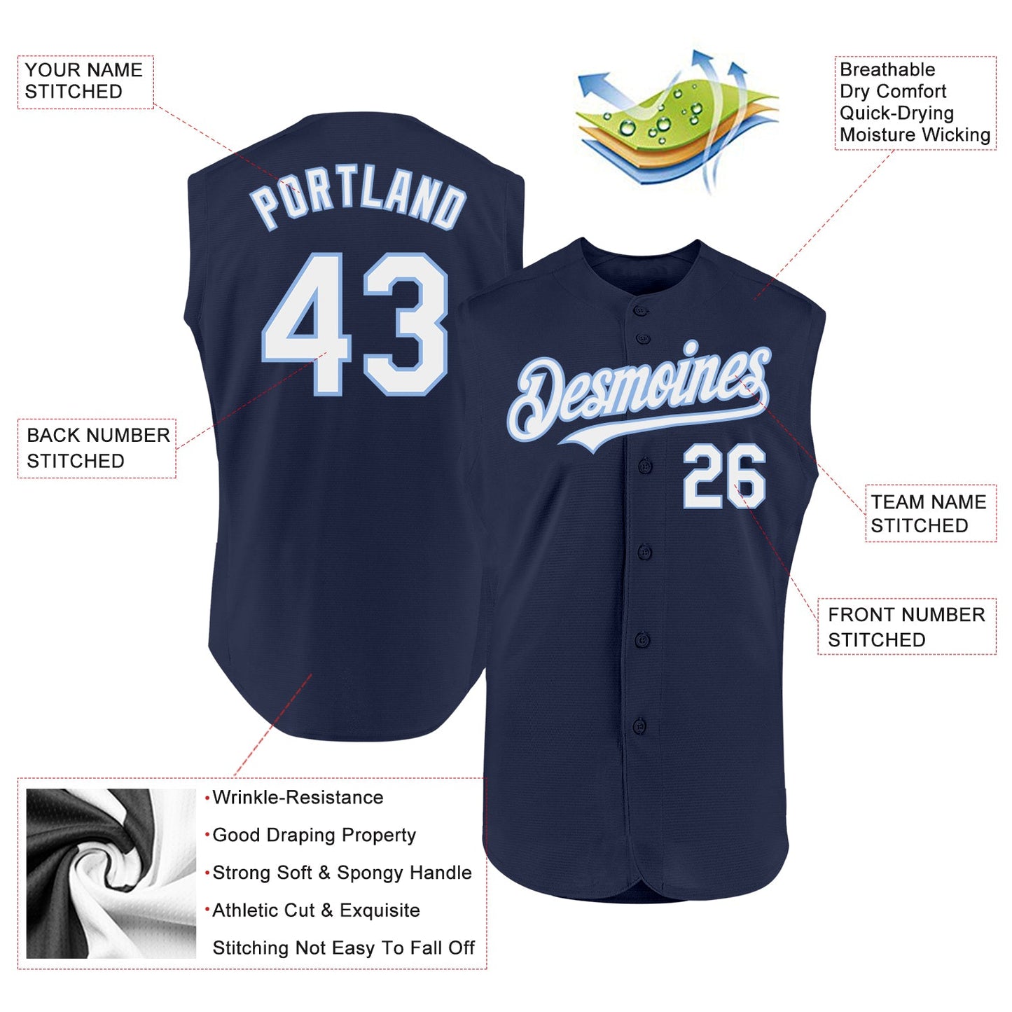 Custom Navy White-Light Blue Authentic Sleeveless Baseball Jersey - Sky-Custom