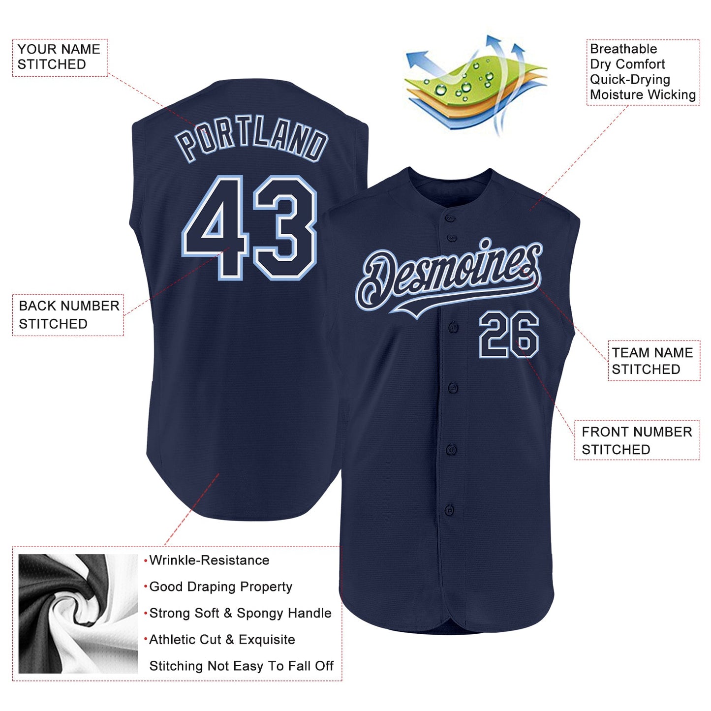 Custom Navy White-Light Blue Authentic Sleeveless Baseball Jersey - Sky-Custom