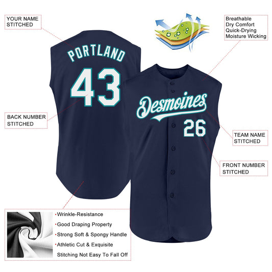 Custom Navy White-Teal Authentic Sleeveless Baseball Jersey - Sky-Custom