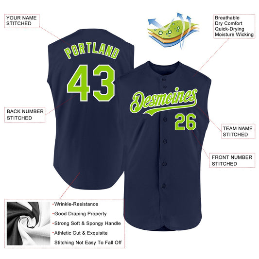 Custom Navy Neon Green-White Authentic Sleeveless Baseball Jersey - Sky-Custom