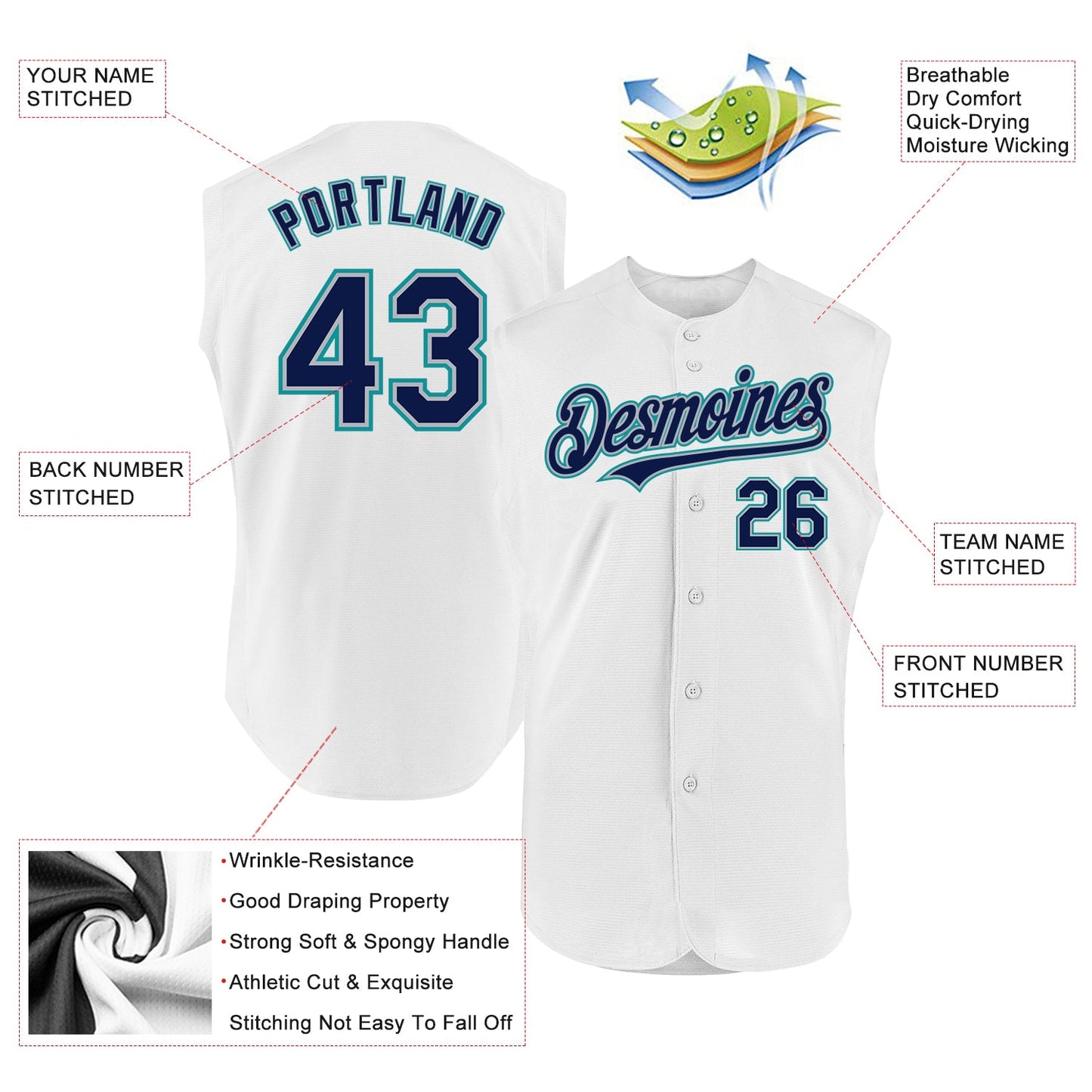 Custom White Navy Gray-Teal Authentic Sleeveless Baseball Jersey - Sky-Custom