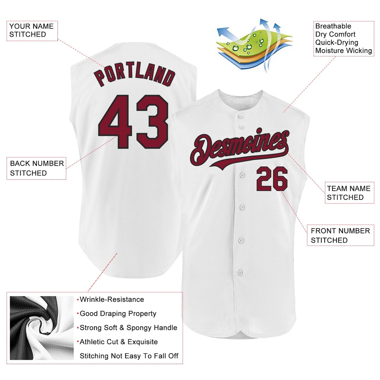 Custom White Crimson-Black Authentic Sleeveless Baseball Jersey - Sky-Custom
