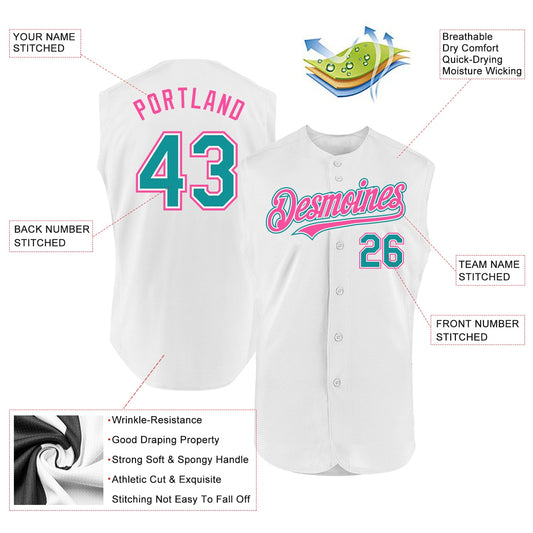 Custom White Teal-Pink Authentic Sleeveless Baseball Jersey - Sky-Custom