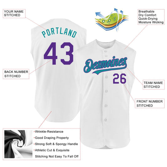 Custom White Purple-Teal Authentic Sleeveless Baseball Jersey - Sky-Custom