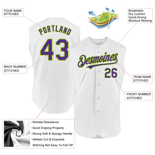 Custom White Purple-Neon Green Authentic Sleeveless Baseball Jersey - Sky-Custom