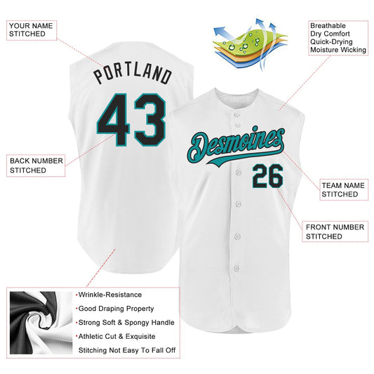 Custom White Black-Teal Authentic Sleeveless Baseball Jersey - Sky-Custom