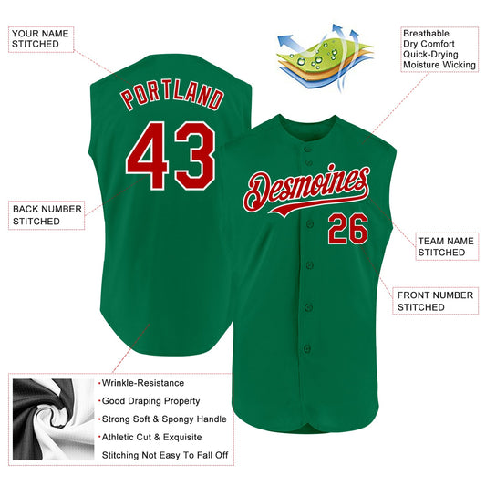 Custom Kelly Green Red-White Authentic Sleeveless Baseball Jersey - Sky-Custom