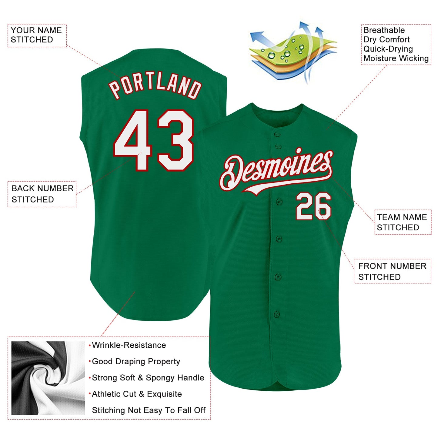 Custom Kelly Green White-Red Authentic Sleeveless Baseball Jersey - Sky-Custom