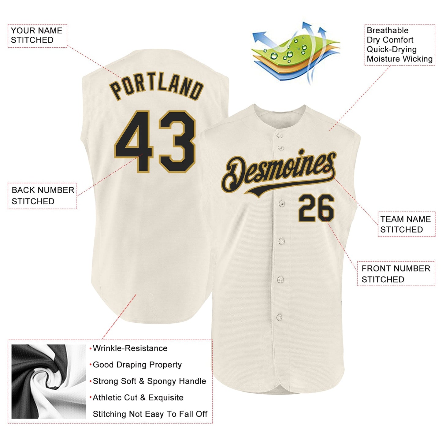 Custom Cream Black-Old Gold Authentic Sleeveless Baseball Jersey - Sky-Custom