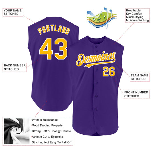 Custom Purple Gold-White Authentic Sleeveless Baseball Jersey - Sky-Custom