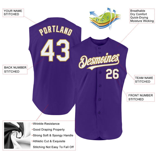 Custom Purple White-Old Gold Authentic Sleeveless Baseball Jersey - Sky-Custom