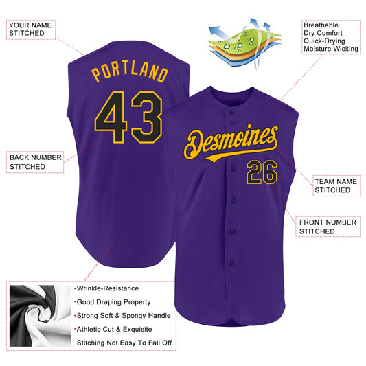 Custom Purple Black-Gold Authentic Sleeveless Baseball Jersey - Sky-Custom