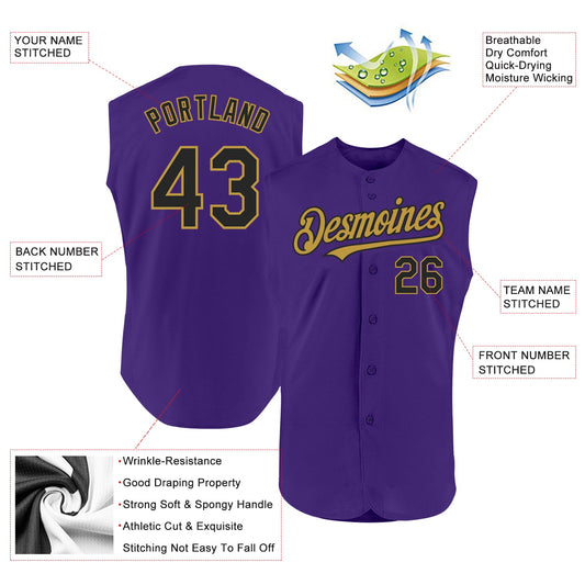 Custom Purple Black-Old Gold Authentic Sleeveless Baseball Jersey - Sky-Custom