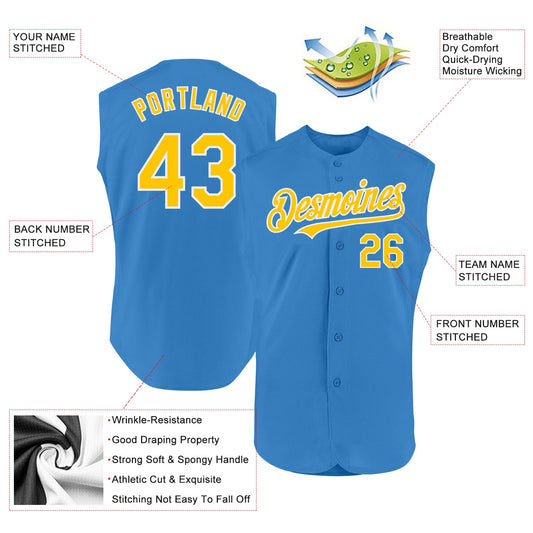 Custom Powder Blue Yellow-White Authentic Sleeveless Baseball Jersey - Sky-Custom