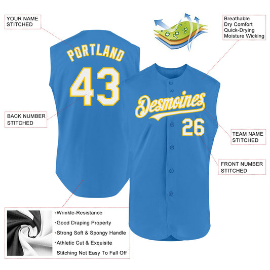 Custom Powder Blue White-Yellow Authentic Sleeveless Baseball Jersey - Sky-Custom